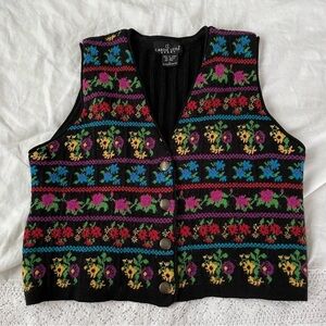 Carole Little LARGE floral cottagecore Vest floral black knit sweater wool blend